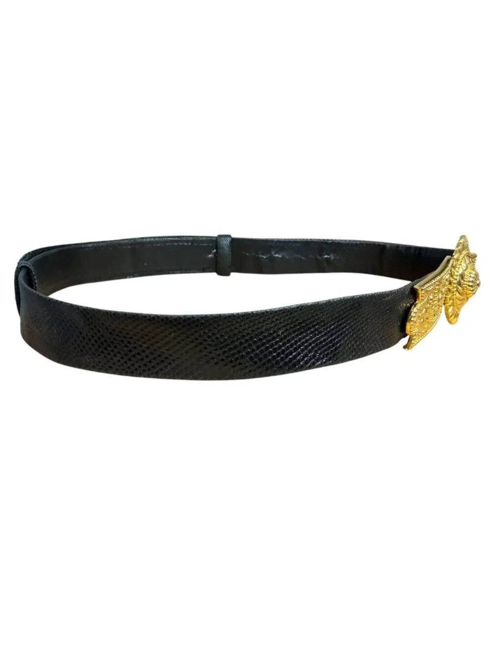 Judith Leiber Venetian Style Belt Black Snakeskin Gold Tone Metal Double Buckle